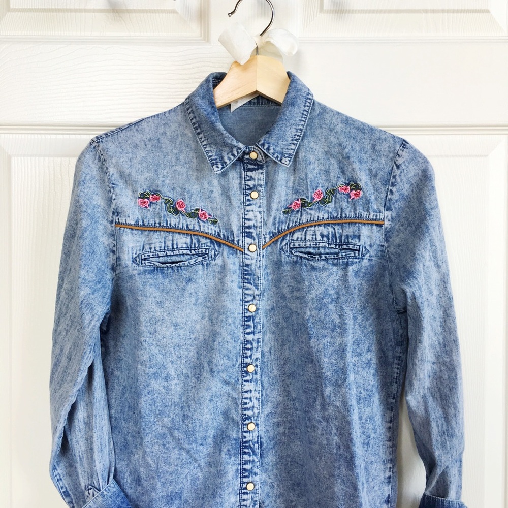 Denim Embroidered Button Down Blouse